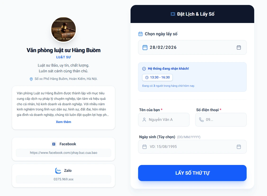 Trang Bio-link và form đặt lịch lấy số thứ tự của hệ thống Hẹn Lịch