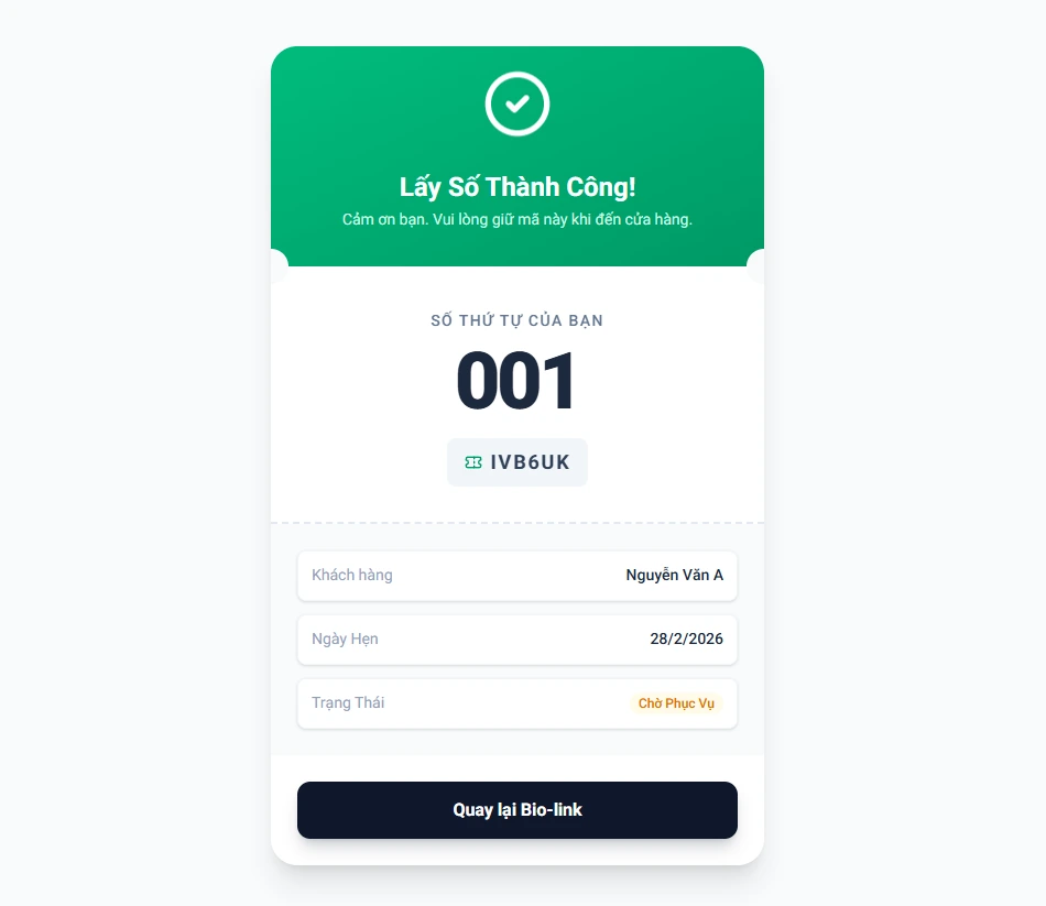 Màn hình xác nhận lấy số thứ tự thành công trên hệ thống Hẹn Lịch