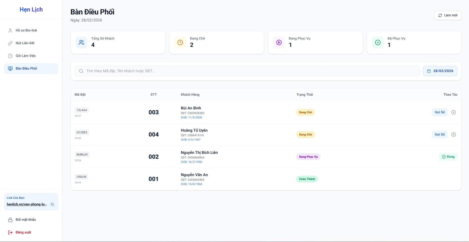 Bàn điều phối quản lý hàng chờ khách hàng của hệ thống Hẹn Lịch